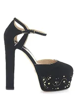 Elie Saab Platform Pumps Crystal Ornament Gem Rivets Black Gold