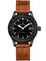 Hamilton Men's Swiss Automatic Khaki Aviation Converter Brown Leather Strap Watch 42mm In Black