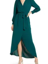 Fraiche By J Wrap Front Long Sleeve Dress In Dark Green