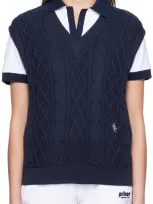 Sporty And Rich Embroidered Cable-knit Cotton Vest In Navy