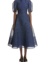 Erdem Kyla Semisheer Puff Sleeve Organza Midi Dress In Navy