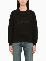 Saint Laurent Embroidered Logo Crew-neck Sweatshirt In Noir Brillant