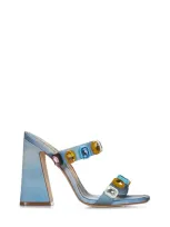 Roberto Cavalli Womens Multicolour Graphic-print Rhinestone-embellished Leather Heeled Sandals In Multicolor