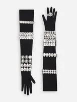 Dolce & Gabbana Long Jersey Gloves With Rhinestone Embellishment In Black