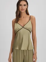 Maison Essentiele Silk Contrast Trim Cami In Olive