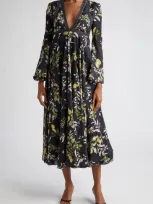 Giambattista Valli Lemon Print Long Sleeve Plunge Neck Midi Dress In Black Yellow