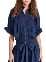 Juliet Dunn Poplin Blouson Dress With Ric Rac Embroidery In Indigo