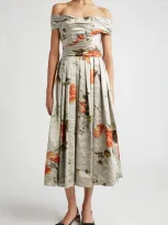 Erdem Off-the-shoulder Floral-print Metallic Crinkled-satin Midi Dress In Neutrals