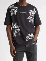 Balmain Palm Print Cotton Graphic T-shirt In Eab Black/ White