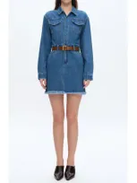 Bayeas Resa Long Sleeve Fray Hem Denim Mini Shirtdress In Medium Blue