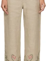 Bode Embroidered Trumpetflower Linen Pants In Neutrals