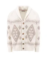 Brunello Cucinelli Geometric Jacquard Cashmere Feather Cardigan With Shawl Collar In White