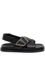 Closed Crossover Strap Leather Sandals In Black