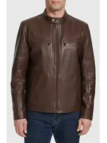 Cole Haan Leather Moto Jacket In Brown