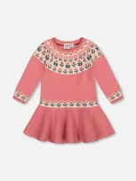 Deux Par Deux Kids'  Girl's Knit Dress With Round Intarsia Flowers Light Pink In Rosette