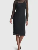 Dkny Mock Neck Long Sleeve Mesh Dress In Black