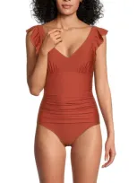 Dkny Women's One-piece Ruched Ruffle Trim Swimsuit In Sunset