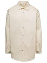 Drôle De Monsieur Beige Shirt With  Drôle Fleurie Embroidery On Cuffs And Back In Cotton Man In Neutrals