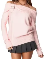 Edikted Marilyn Buckled Off The Shoulder Sweater In Pink