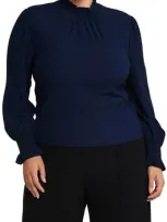 Estelle Zinnia Shirred Long Sleeve Top In Navy