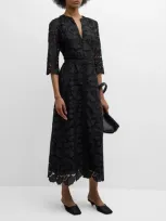 Evi Grintela Elizabeth Belted Floral Lace Midi Dress In Black