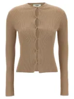 Fendi Beige Ribbed Cut Out Cardigan For Women