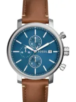 Fossil Rhett Leather Strap Watch, 42mm In Silver/ Brown/ Blue