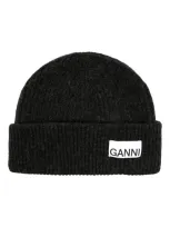 Ganni Beanie Hat With Logo Label In Grey