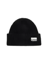 Ganni Oversized Wool Rib Knit Beanie In Black