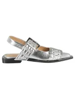 Ganni Feminine Buckle Ballerina Metallic In Grey