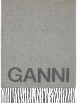 Ganni Gray Fringed Wool Scarf In 523 Frost Gray