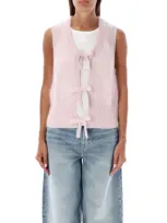 Ganni Bow-embellished Mohair-blend Vest In Pink