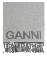 Ganni Wool Scarf With Fringes In Grey