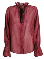 Ganni Check Seersucker Tie Neck Shirt In Red