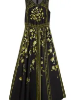 Giambattista Valli Wallpaper Floral Cotton Poplin Fit & Flare Midi Dress In Black/green