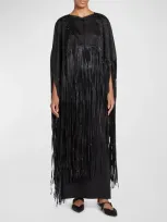 Giorgio Armani Crystal Silk Cape With Fringe Trim In Solid Black