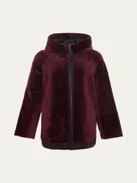 Gorski Reversible Textured Shearling Lamb Zip Hooded Jacket In Burgundy/black