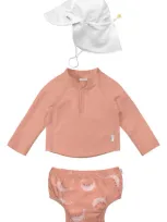 Green Sprouts Kids'  Long Sleeve Two-piece Rashguard Swimsuit & Sun Hat Set In Coral Dino