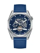 Heritor Automatic Amadeus Semi-skeleton Leather-band Watch In Silver/blue