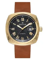 Heritor Automatic Davenport Engraved-case Leather-band Watch W/ Date In Gold/brown