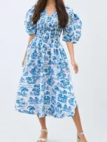 Jessie Zhao New York Leandra Blue Smocked V-neck Midi Dress