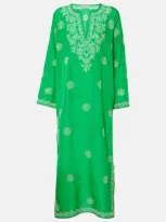 Juliet Dunn Embroidered Silk Kaftan In Green