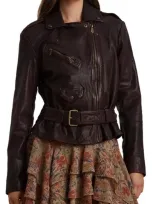 Lauren Ralph Lauren Belted Burnished Leather Jacket In Pinot Noir