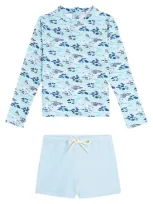 Louise Misha Kids' Agik Rashguard Top And Swim Trunks Set In Blue Pastoral Fields