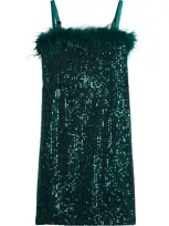 Love, Nickie Lew Kids' Feather Trim Sequin Shift Dress In Emerald