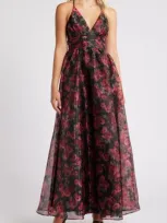 Lulus Simply Divine Black And Red Floral Print Organza Maxi Dress