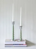 Mariposa Pearled Enameled Medium Candlesticks, Set Of 2 In Green