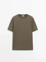 Massimo Dutti Short Sleeve Cotton T-shirt In Khaki