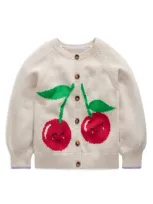 Mini Boden Kids' Fun Logo Cardigan Ecru Marl Cherry Girls Boden