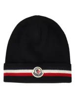 Moncler Tricolour-stripe Wool Beanie Hat In Black